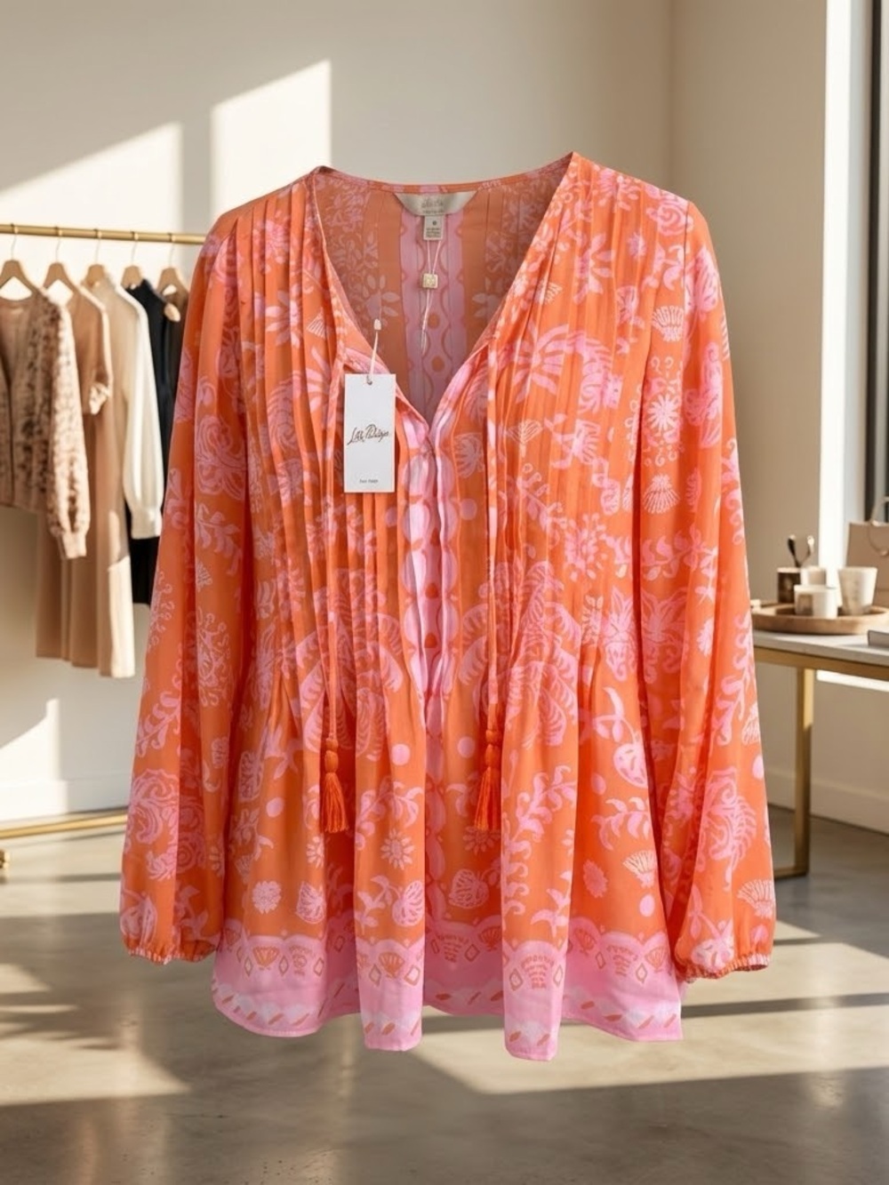 Lilly Pulitzer Marilina Long Sleeve Tunic Papaya Breezy Palm Engineered | Size M